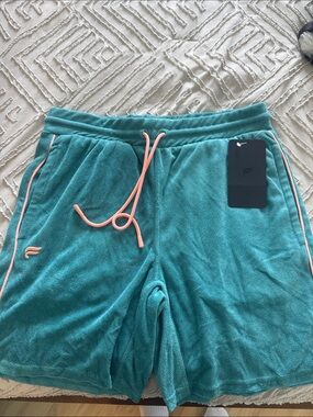 Fabletics Teal Terry Cloth Shorts with Coral Trim